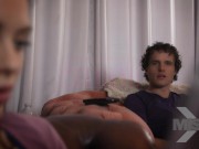 Lovely whore with big ass is sucking his dick on the sofa