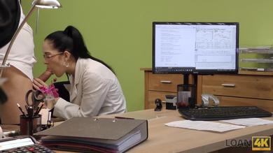 Teen babe with glasses fucked in office POV