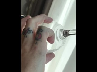 Fucking two huge dildos on a box