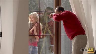 Sweet young blonde bambi rides a thick knob on the couch