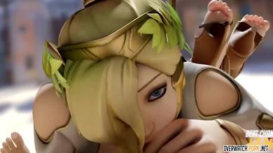 Pharah sucking balls and Mercy taking big dick