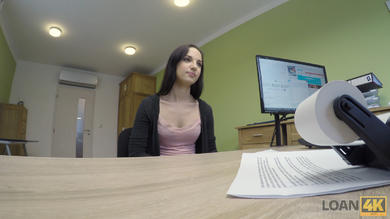 Shaved pussy of brunette teen fucked POV in office