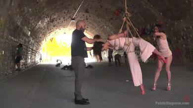 Horny brunette sluts punished and fucked hard in the public