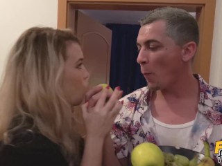 Sexy lesbians eat out on patio