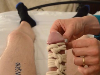 Blonde shoves a big dildo in her hairy pussy