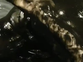 Old bitch swallows two young dicks